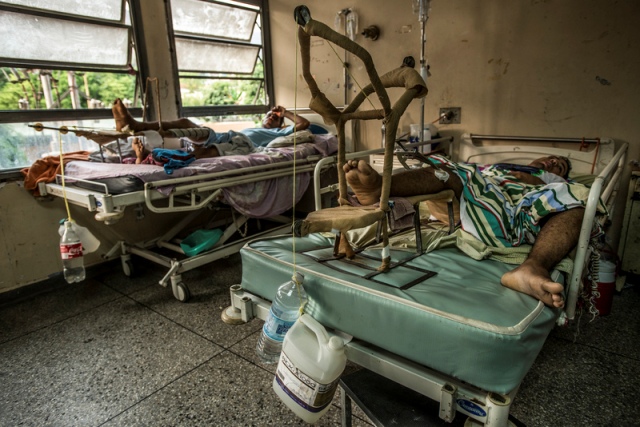 Jugs and soda bottles that doctors at Luis Razetti Hospital rigged to treat patients with broken legs in Puerto la Cruz, Venezuela, April 15, 2016. The economic crisis in this country has exploded into a public health emergency, part of a larger unraveling that has become so widespread it has prompted President Nicolas Maduro to impose a state of emergency, raising fears of a government collapse. (Meridith Kohut/The New York Times)